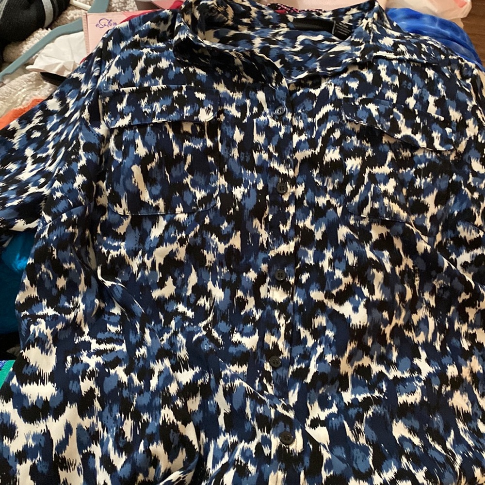 Maggie Barnes Blue and White animal print blouse.